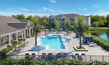 Resort style pool with tanning ledge, sundeck & cabanas